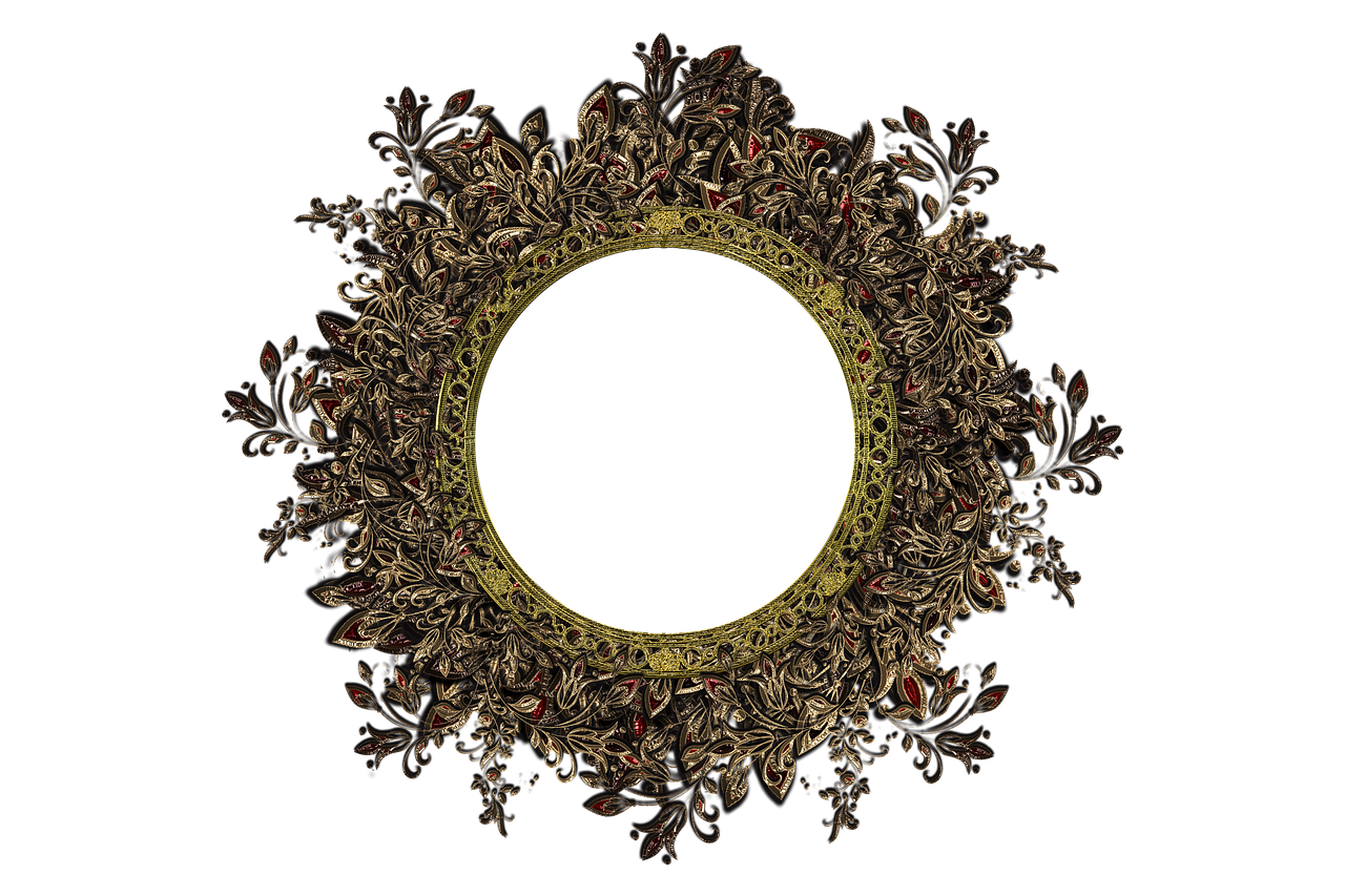 an ornate gold frame on a black background, a digital rendering, baroque, round background, gold and red filigree, moss, intricate photo