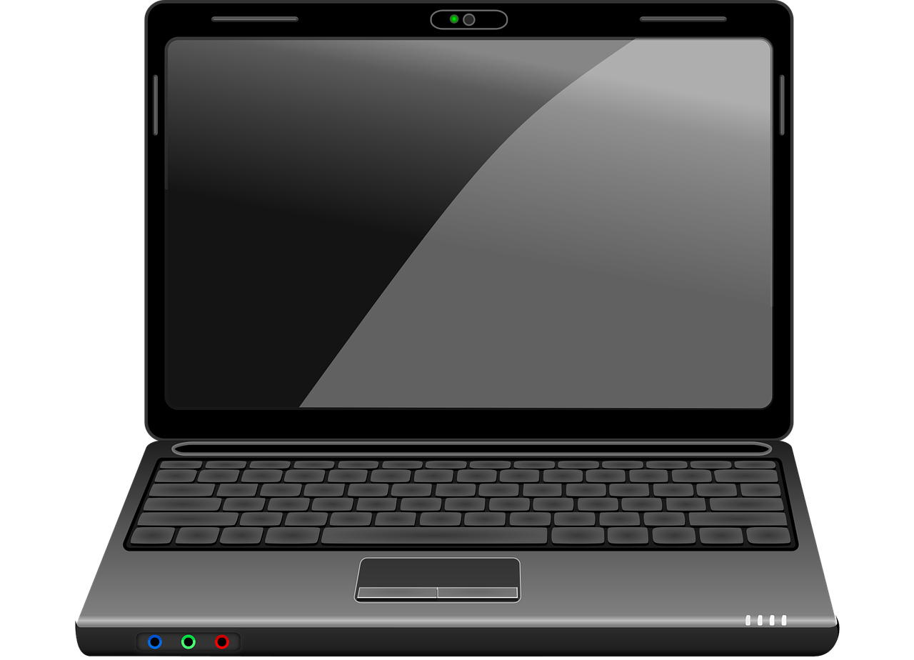 a laptop computer sitting on top of a table, pixabay, computer art, black and silver, front side full, illustration detailed, ebony skin