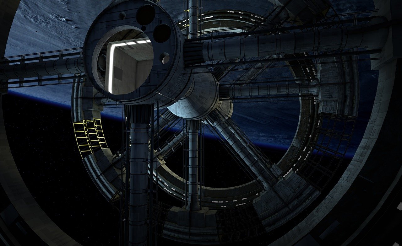 a view of the inside of a space station, a detailed matte painting, portal in space, spaceport docking bay at night, detail render, portal 3