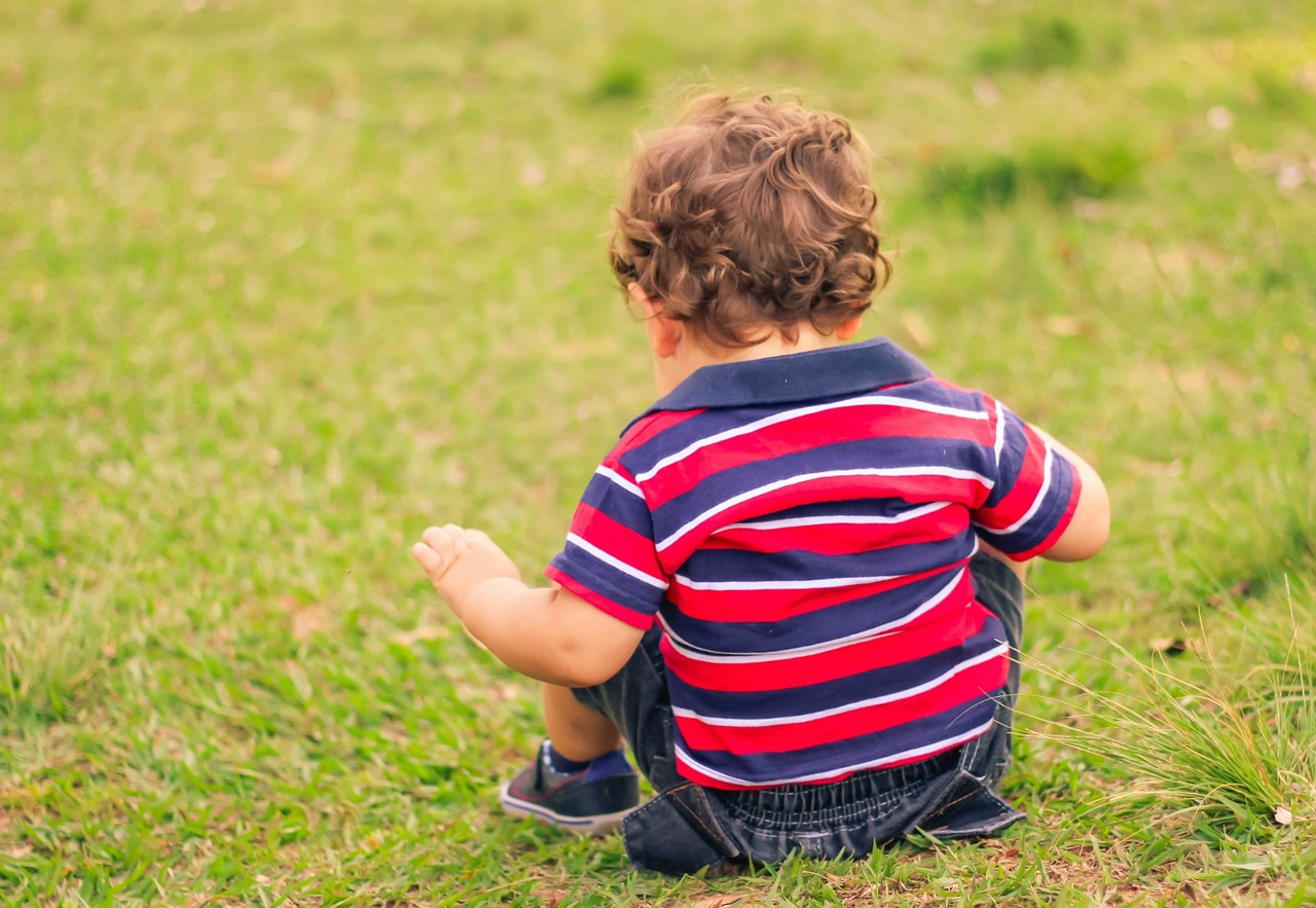 a little boy that is sitting in the grass, shutterstock, with his back turned, sittin, toddler, detailed screenshot