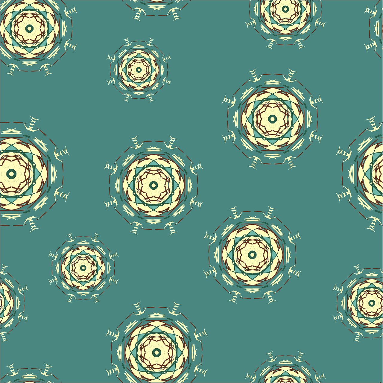 a close up of a pattern on a blue background, a digital rendering, pale yellow wallpaper, round elements, stylized geometric flowers, greenish colors