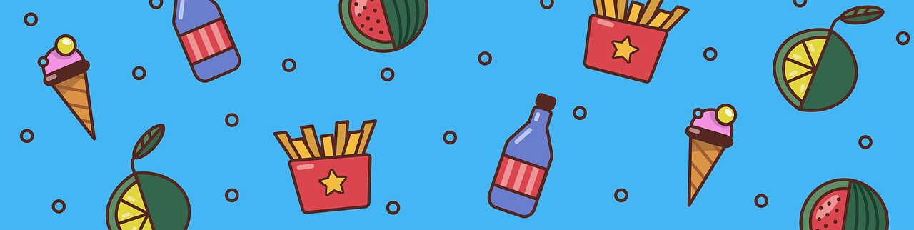 a pattern of food and drinks on a blue background, by Amelia Peláez, trending on pixabay, game icon asset, ketchup, colored lineart, street life