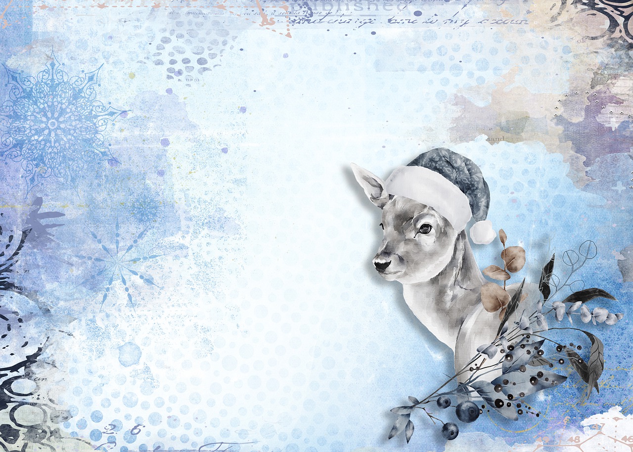 a picture of a dog wearing a santa hat, a picture, inspired by Rudolph F. Ingerle, digital art, blue soft details, anthropomorphic female deer, cold texture, album