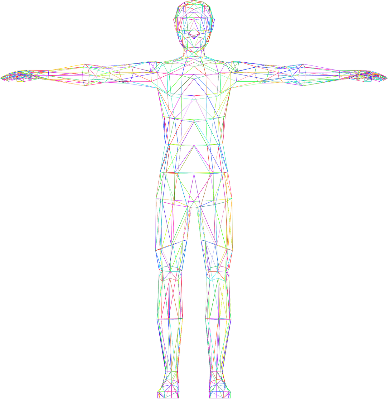 a man that is standing in front of a black background, a raytraced image, holography, the vitruvian man style, rainbow line - art, complex geometry, extra detailed body