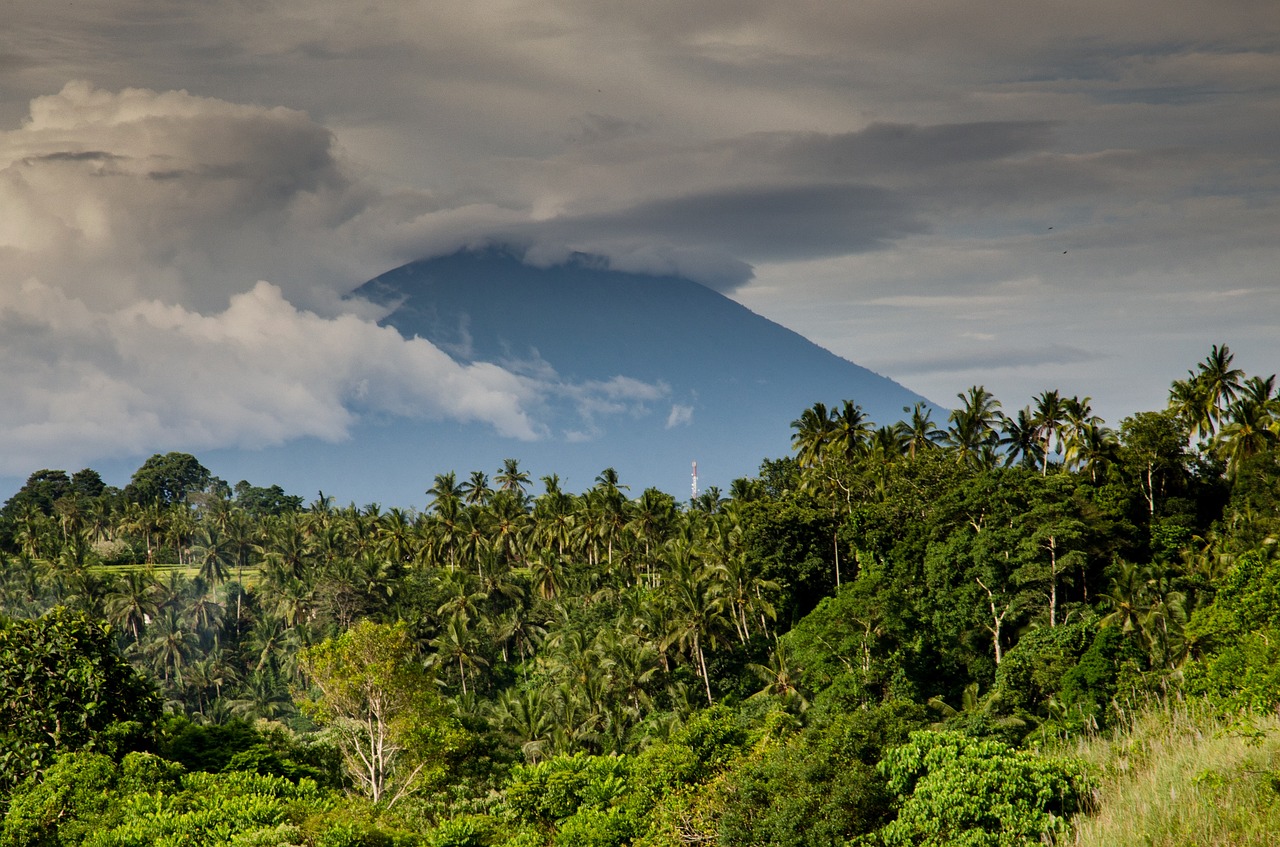 a mountain in the distance with trees in the foreground, by Daren Bader, flickr, sumatraism, bali, 6 0 0 mm, banner, f/8