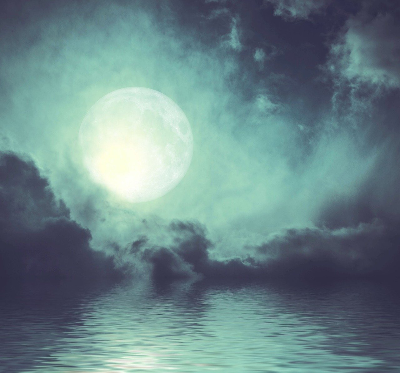 a full moon in a cloudy sky over a body of water, digital art, shutterstock, ominous beautiful mood, stock photo, teal sky, moonlit night dreamy atmosphere