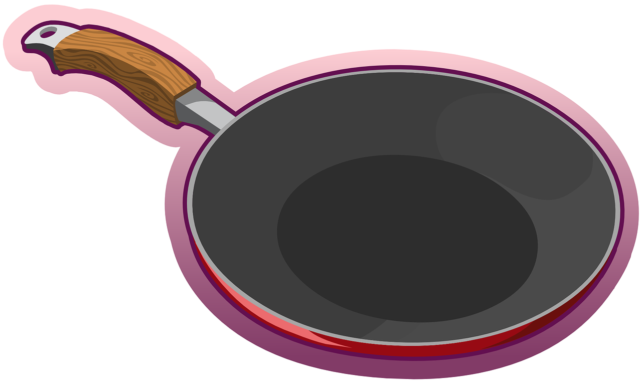 a frying pan with a wooden handle, an illustration of, inspired by Shūbun Tenshō, pixabay, superflat, silicone patch design, pink iconic character, black steel with red trim, completely empty