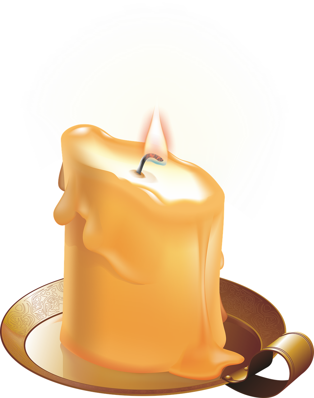 a lit candle sitting on top of a plate, digital art, detailed vector, golden aura, full res, fan art