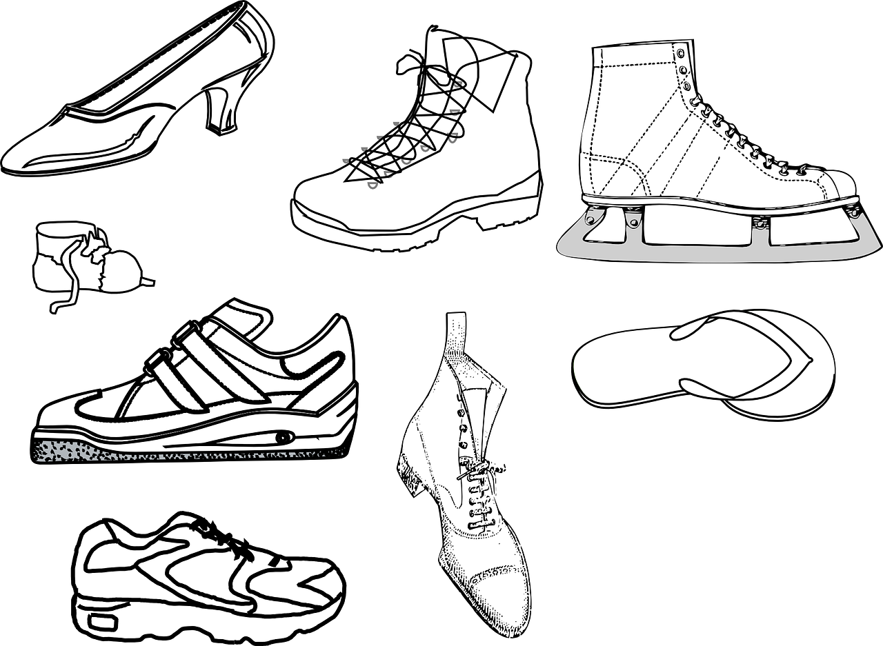 a black and white picture of different types of shoes, vector art, by Odhise Paskali, trending on pixabay, minimalism, dynamic skating, soviet - era, black backround. inkscape, banner