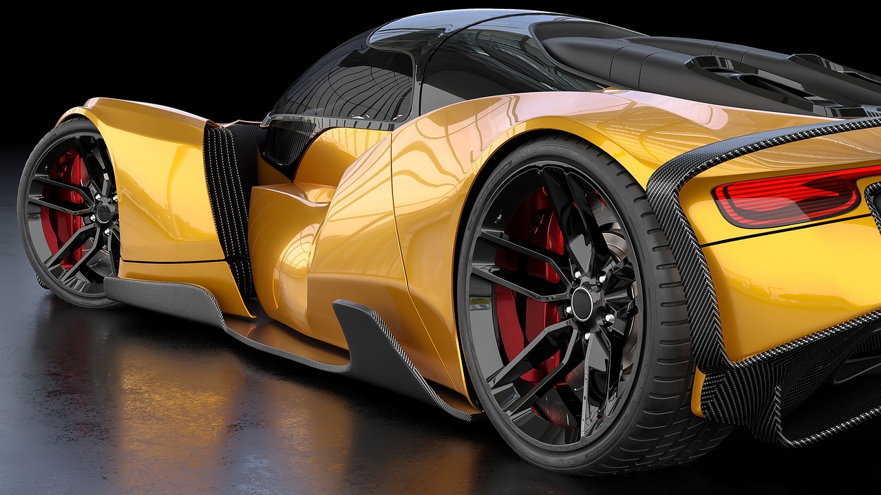 a yellow sports car sitting on top of a black floor, trending on zbrush central, digital art, futuristic precious metals, draped in silky gold, highly detailed wheels, closeup shot