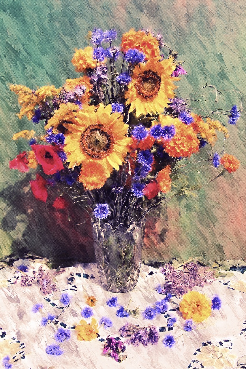 a painting of flowers in a vase on a table, a digital painting, inspired by Vincent Di Fate, american impressionism, ice sunflowers, colorized photo, sandra chevier, beautiful sunny day