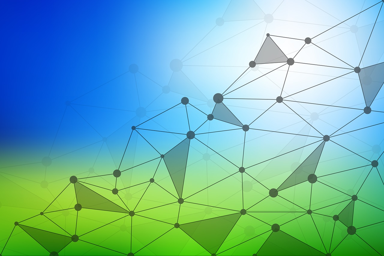 a group of triangles that are connected to each other, an illustration of, by Steven Belledin, shutterstock, digital art, green and blue color scheme, sunny day background, molecules, vector illustration