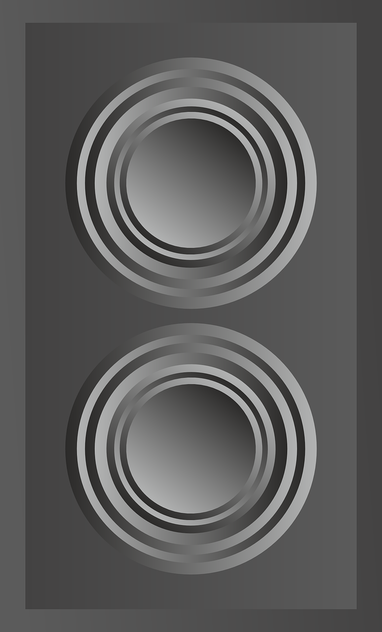 a black and white photo of two circles, vector art, inspired by Victor Vasarely, stage speakers, hq 4k phone wallpaper, grey metal body, tower