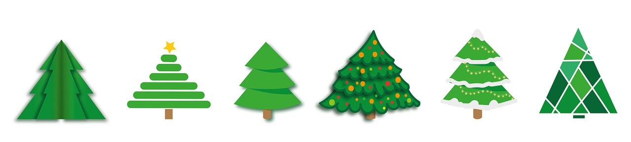 a group of paper christmas trees on a white background, a cartoon, pixabay, two, spruce trees on the sides, 💣 💥, j.dickenson