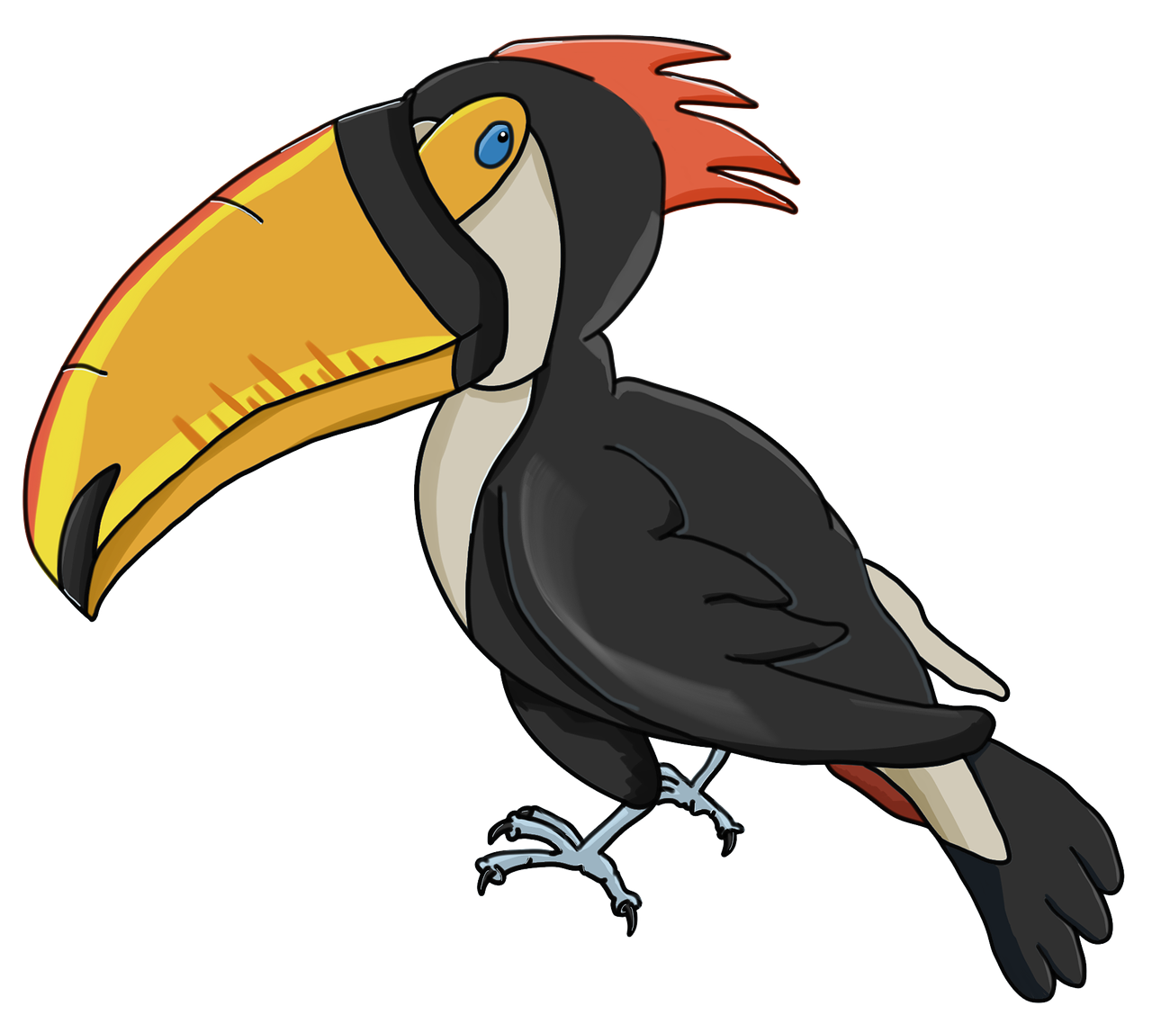 a black and white bird with a yellow beak, an illustration of, inspired by Charles Bird King, pixabay, cobra, toucan, cartoon style illustration, fully colored, detailed crow illustration