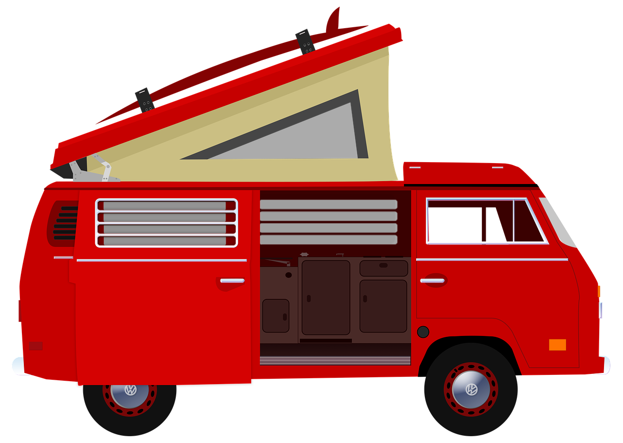 a red van with a surfboard on top of it, concept art, pixabay, conceptual art, soft top roof raised, cut-away, hippie pad, black and red only!!!