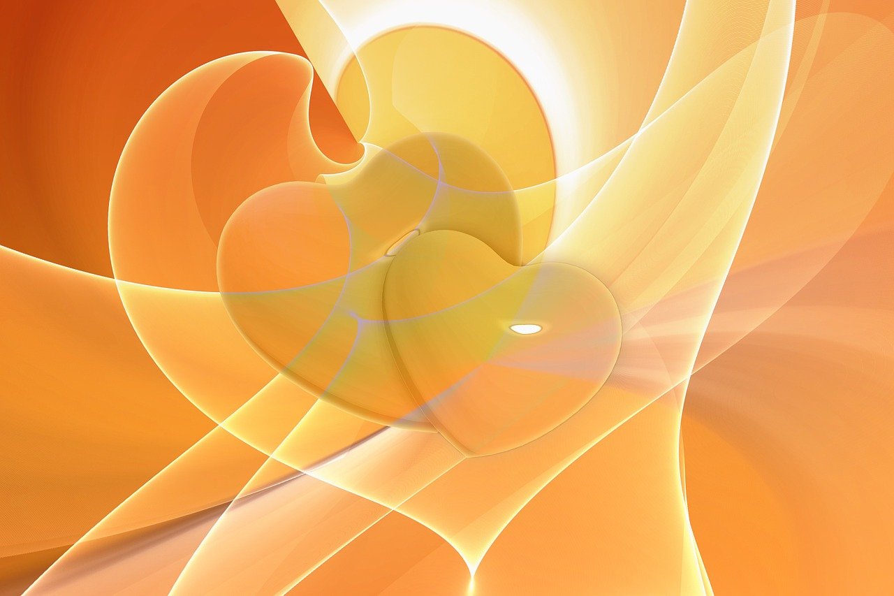 a computer generated image of an orange and yellow swirl, digital art, inspired by Anna Füssli, entwined hearts and spades, beautiful soft light, heart effects, love os begin of all