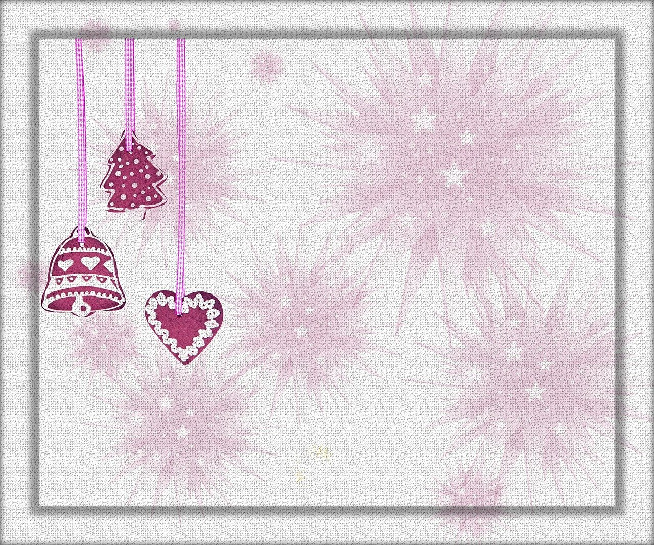 a couple of hearts hanging from a string, a photo, folk art, trees and stars background, wide screenshot, white and pink cloth, christmas
