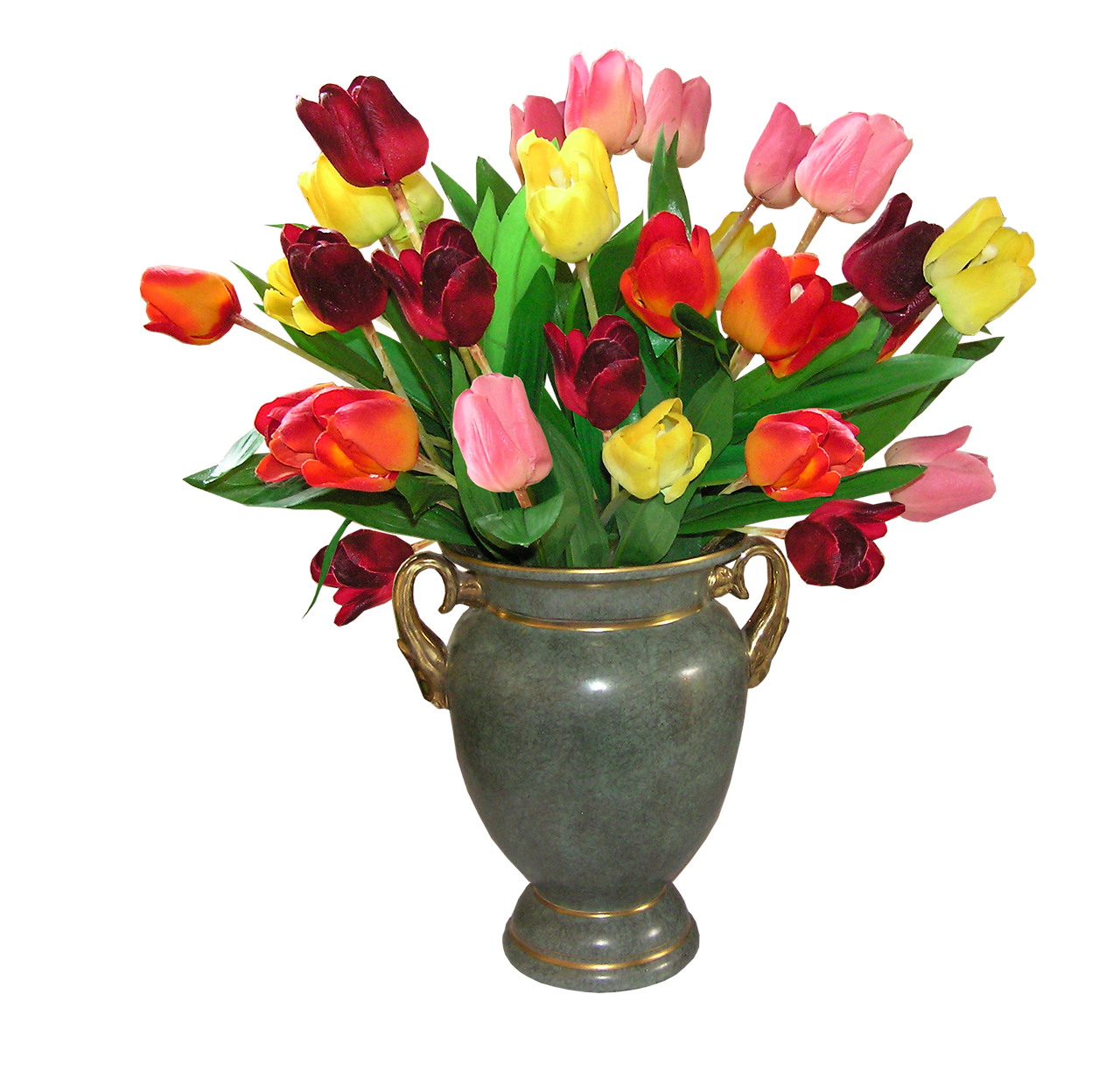 a vase filled with lots of different colored tulips, inspired by François Boquet, bronze, restored color, 8k h- 640, leaked image