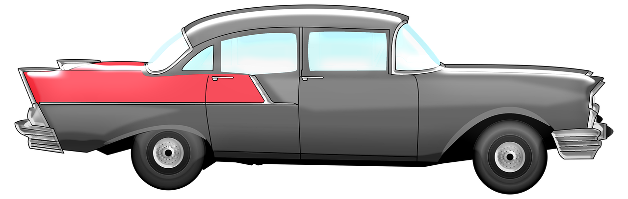 a gray and red classic car on a black background, concept art, trending on pixabay, conceptual art, missing panels, cel shaded:15, window open, 1957