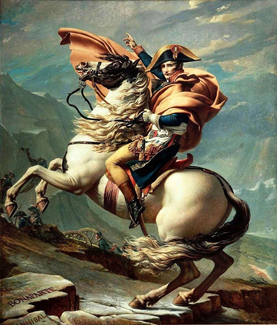 a painting of a man riding on the back of a horse, instagram, neoclassicism, napoleon crossing the alps, clasps his bangs in one hand, doing a hot majestic pose, revolution