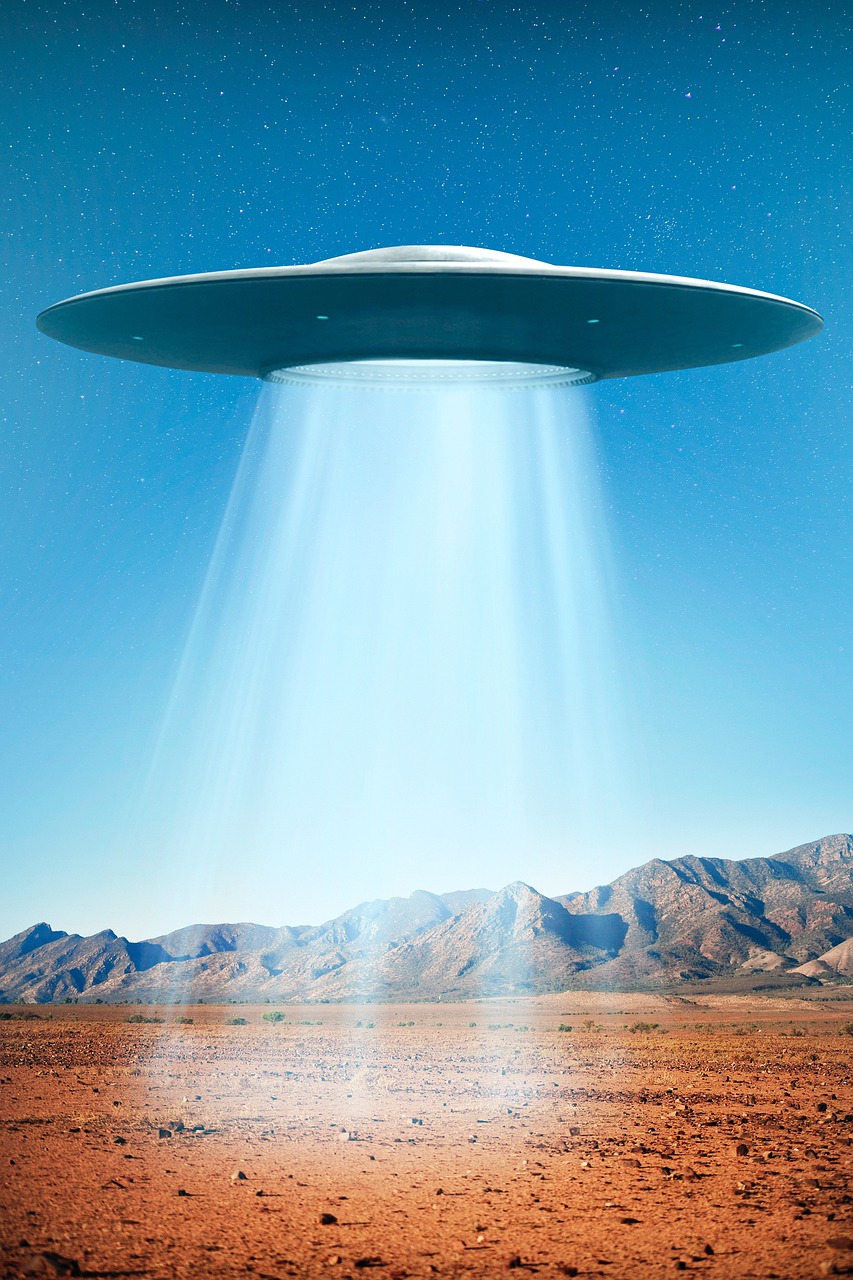 an image of a flying saucer in the desert, a hologram, by Wayne England, shutterstock, natural light beam, abduction, albuquerque, light cone