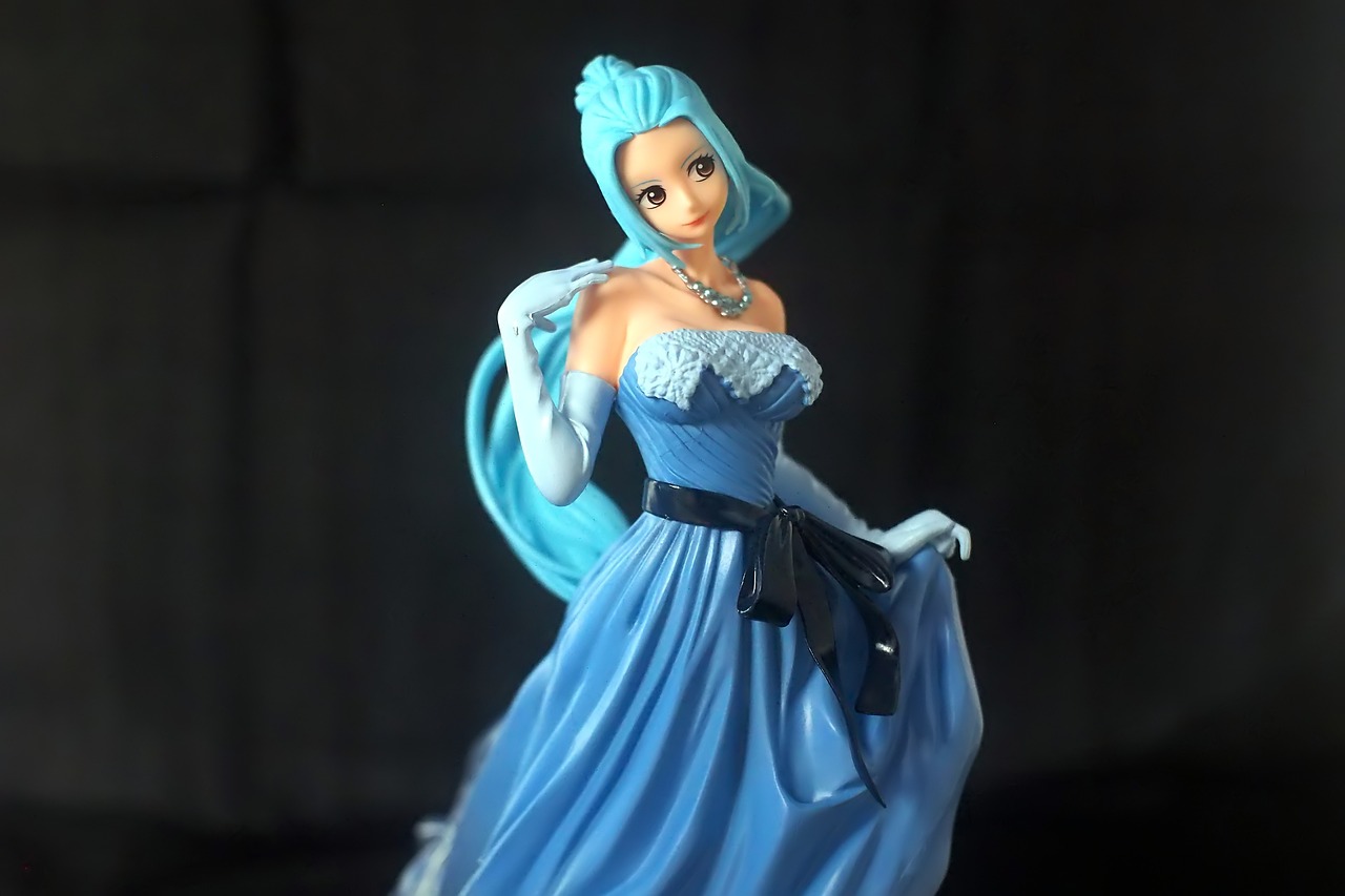 a close up of a figurine of a woman in a blue dress, a statue, by Kentaro Miura, pixiv contest winner, rococo, very long blue hair, posing!!, anya from spy x family, elegant lady with alabaster skin