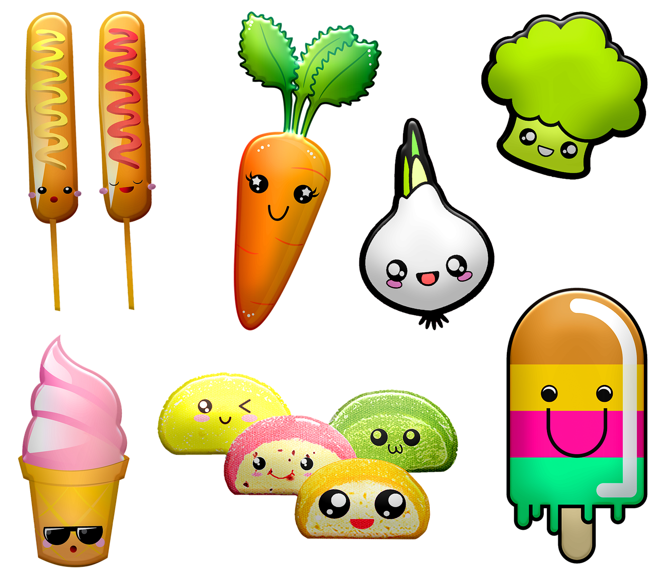 a bunch of food icons on a black background, inspired by Pia Fries, deviantart, graffiti, kawaii hq render, shiny colorful, closeup!!, lollipop