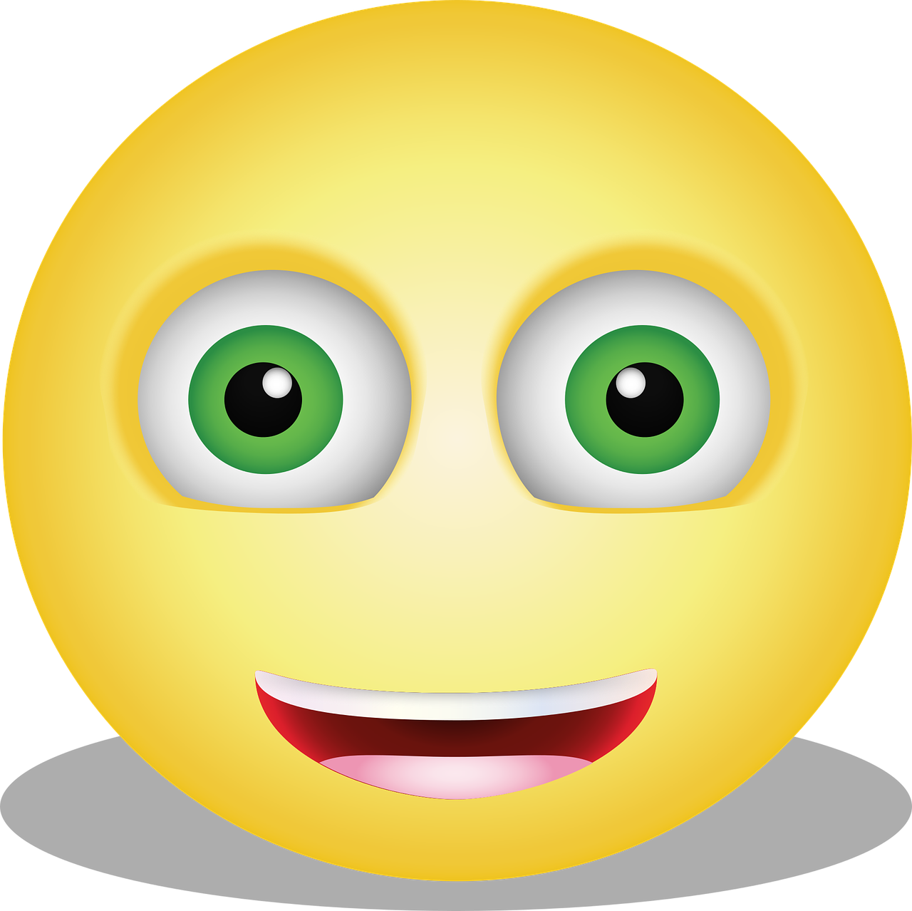 a yellow smiley face with green eyes, a digital rendering, mingei, realistic beautiful big eyes, !!! very coherent!!! vector art, it is glowing, smiling amazed