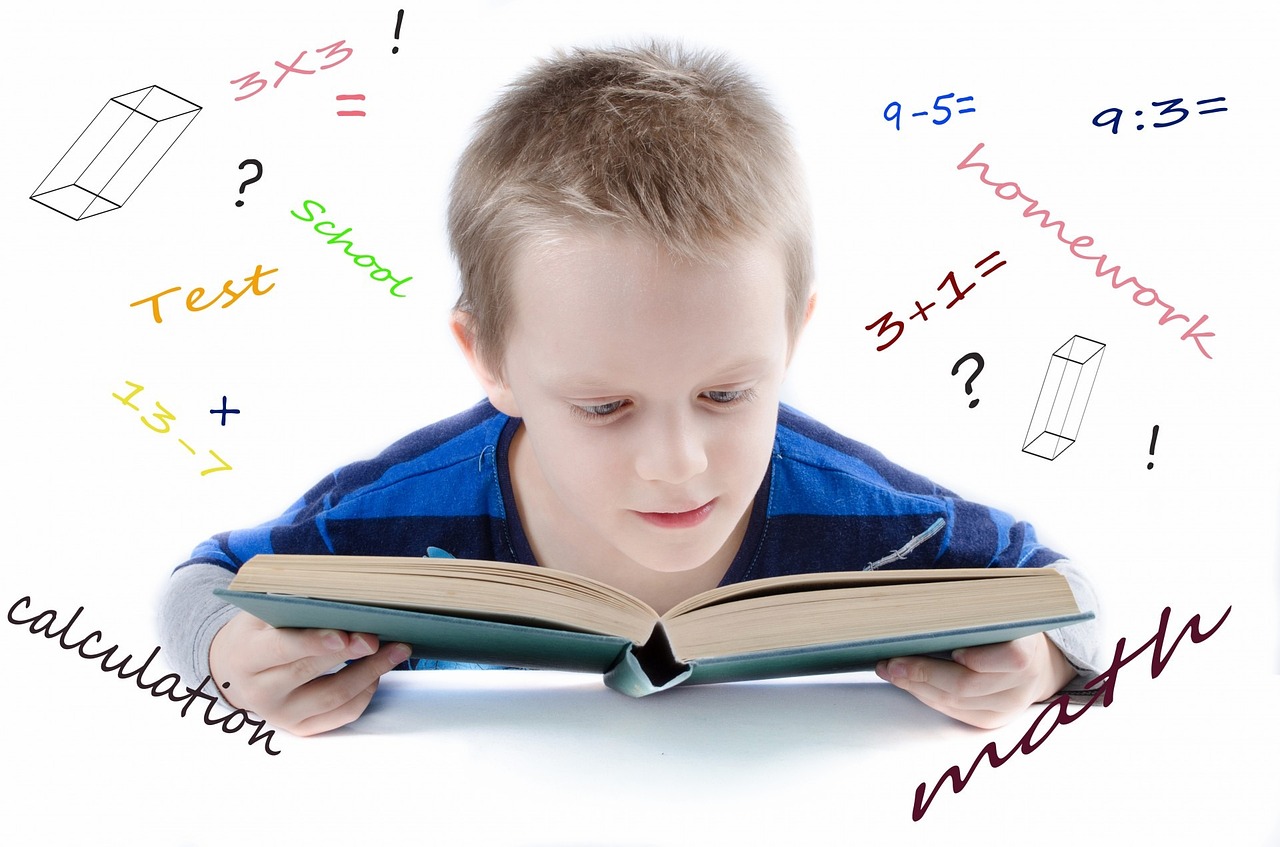 a little boy that is reading a book, pixabay, analytical art, math equations in the background, on white background, face shot, istockphoto