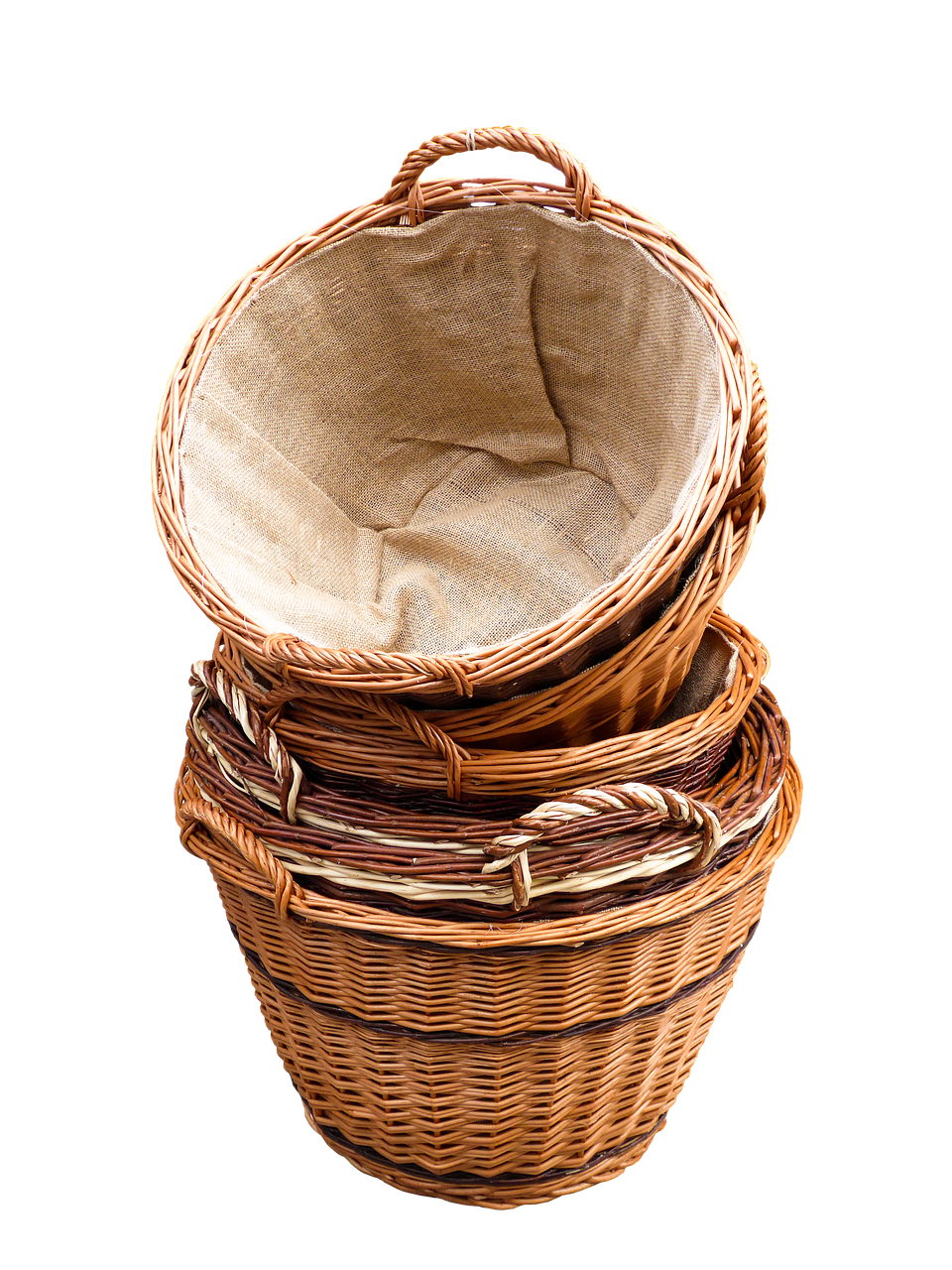 three wicker baskets stacked on top of each other, by László Balogh, shutterstock, on black background, round format, highly detailed product photo, -w 1024