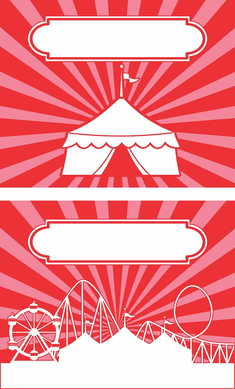 a three tiered cake sitting on top of a table, poster art, inspired by The Family Circus, shutterstock, red and white color theme, tents, ticket, background is white and blank