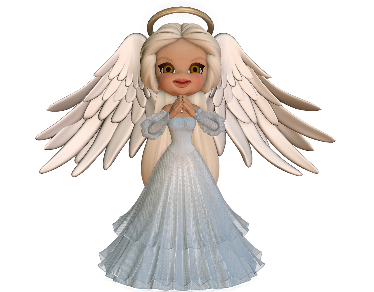 a close up of a figurine of an angel, by Marie Angel, digital art, lineless, margaret keane style, gif, npc with a saint\'s halo
