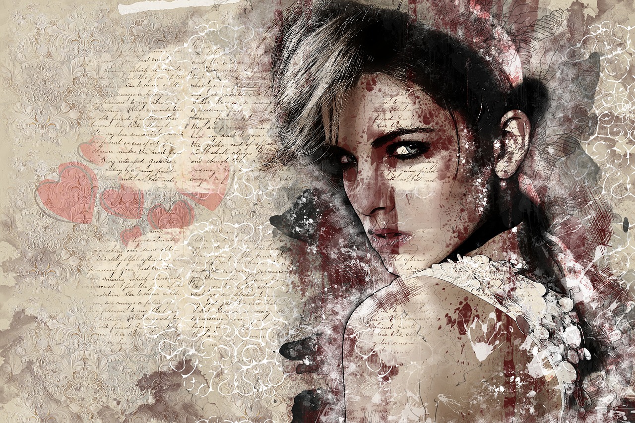 a painting of a woman with blood on her face, a digital painting, gothic art, smokey burnt love letters, torn paper, grunge wall, in style of old painting