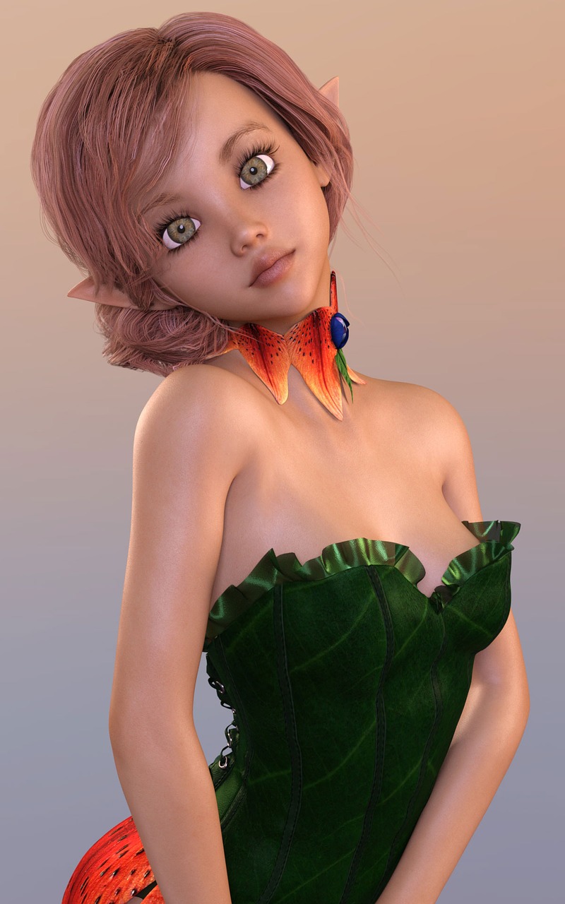 a woman in a green dress posing for a picture, a 3D render, inspired by Alison Kinnaird, trending on cg society, fantasy art, beautiful pink little alien girl, close up bust shot, lalafell, (((mad))) elf princess