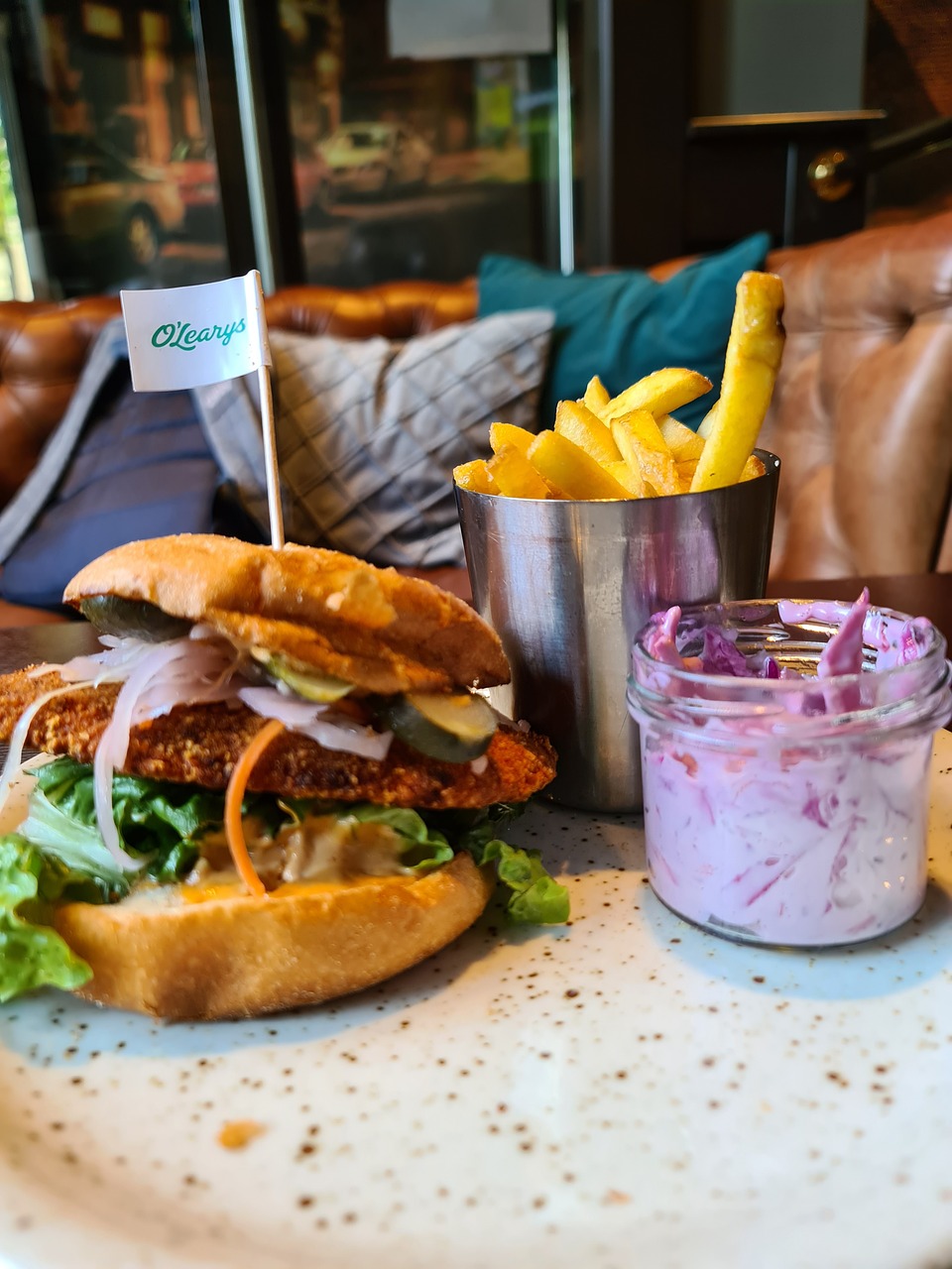 a white plate topped with a sandwich and french fries, by Joe Bowler, the cheshire cat, alegria, listing image, albion