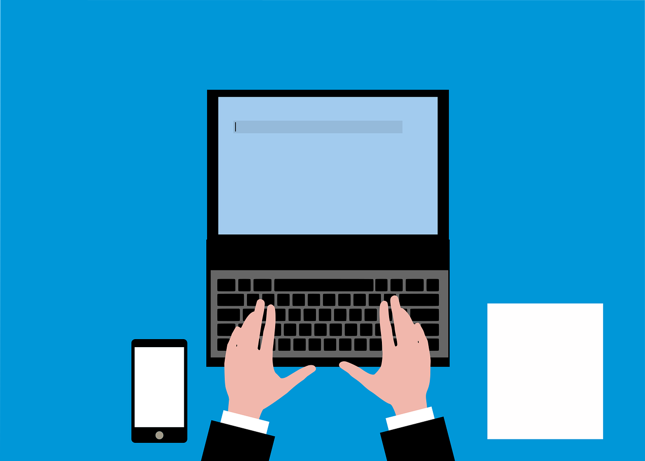 a person in a suit is typing on a laptop, pixabay, computer art, with a blue background, he is holding a smartphone, wikihow illustration, very minimal vector art