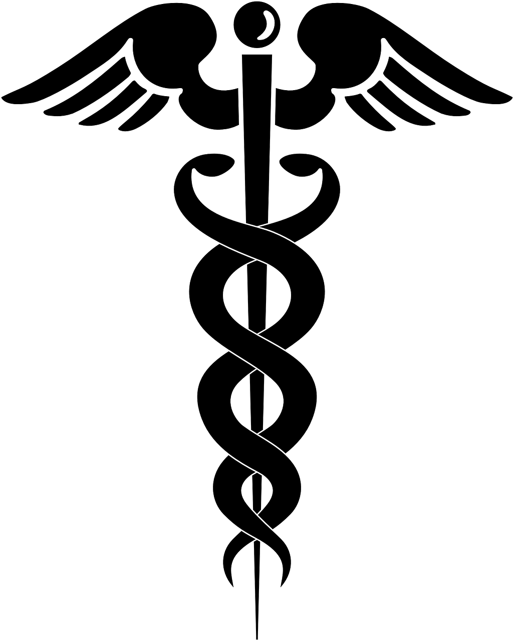 a white cadus symbol on a black background, a tattoo, by Andrei Kolkoutine, deviantart, hurufiyya, medical diagram, nurse, serpent, ( ( dithered ) )
