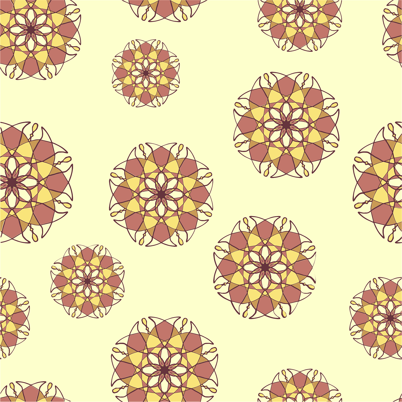 a pattern of flowers on a yellow background, inspired by Lubin Baugin, mandalas, vector images, multicolored vector art, tileable