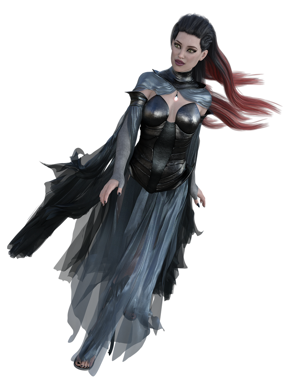 a woman in a black dress with red hair, inspired by senior character artist, polycount contest winner, fantasy art, torn cape, ingame image, ghostly necromancer, 8k octae render photo