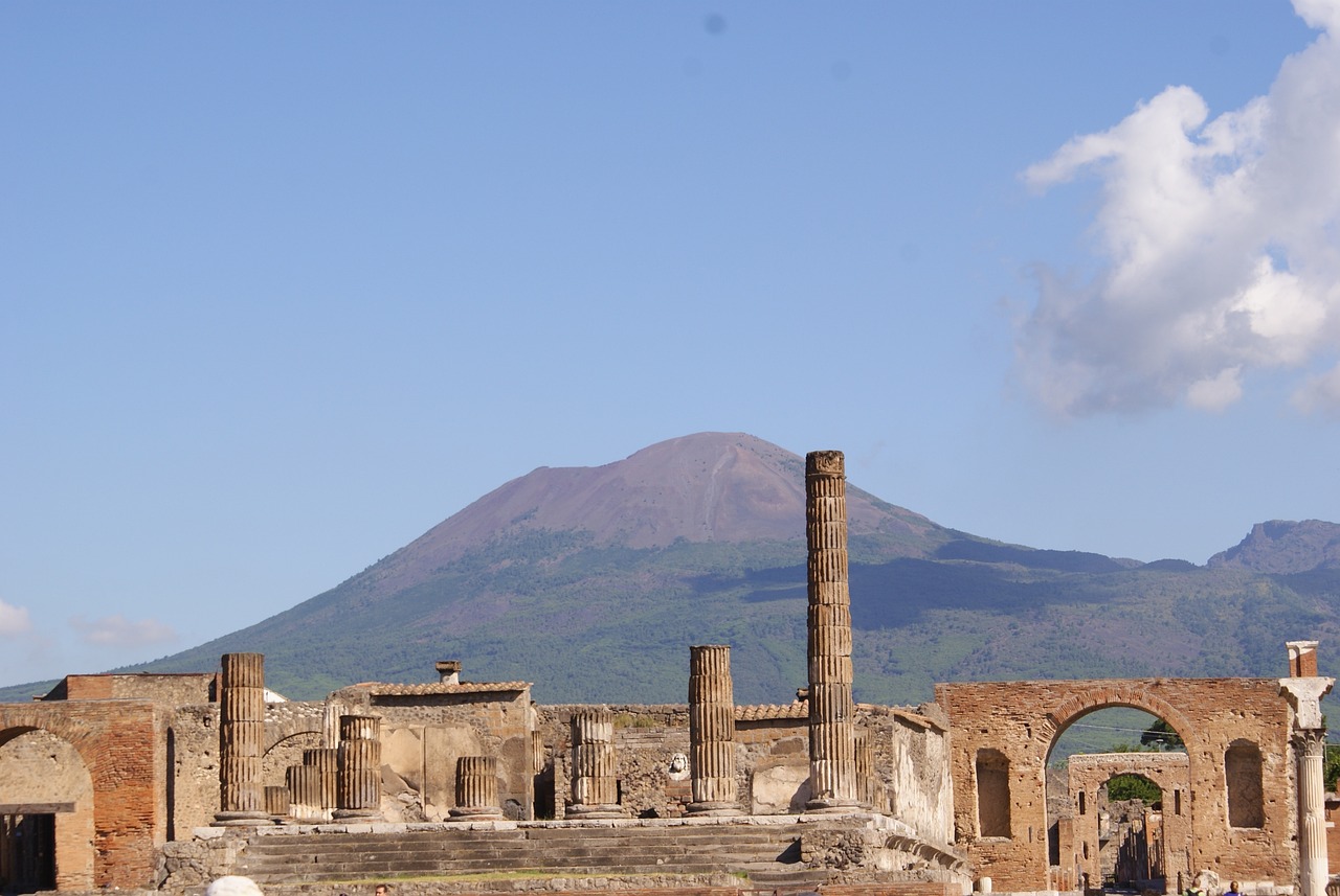 the ruins of the ancient city of pompeii with a volcano in the background, flickr, renaissance, photo from the side, terminal, stems, 6 4 0