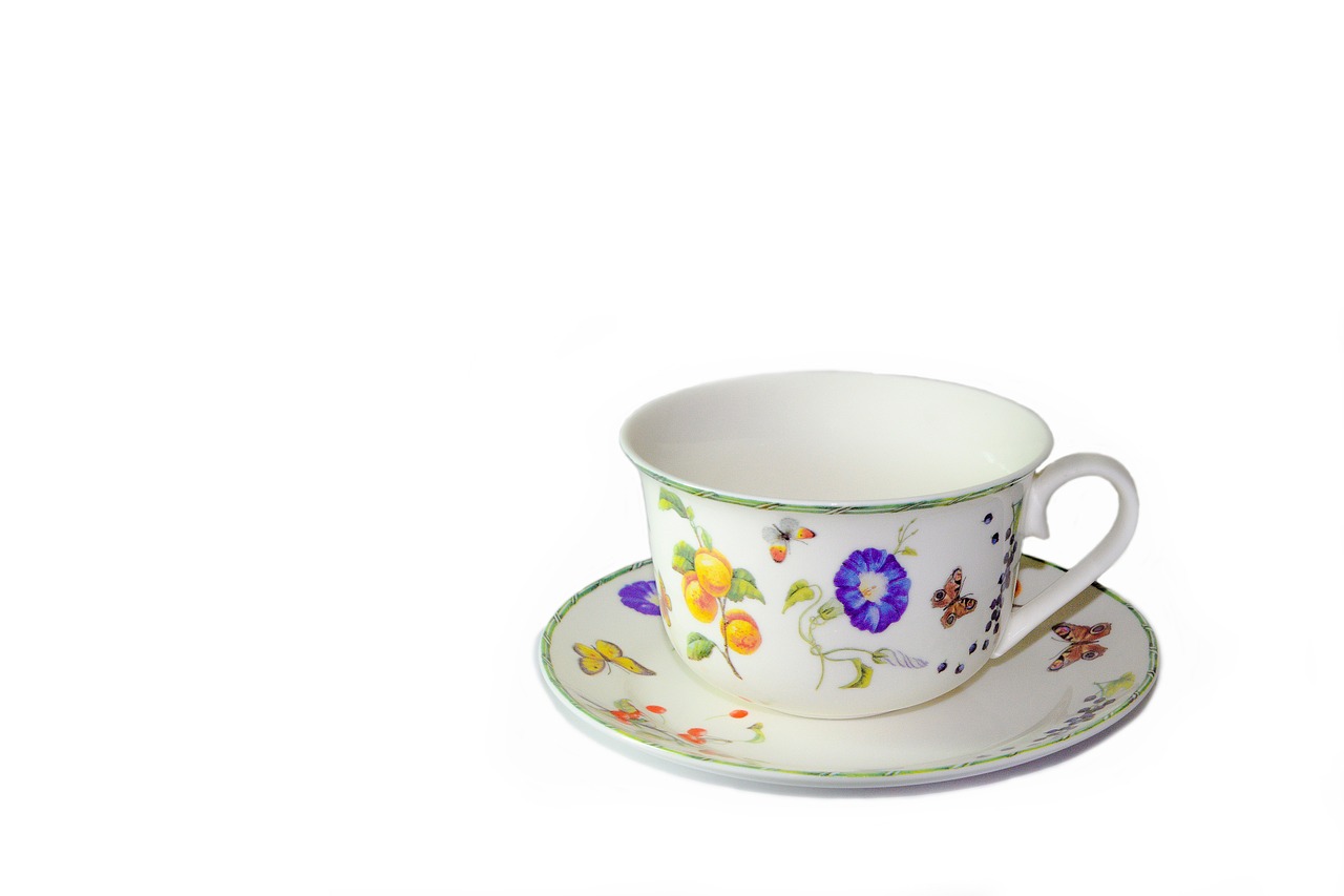 a close up of a cup and saucer, a photo, art deco, high quality product photo, highly detailed product photo, flowery, buggy