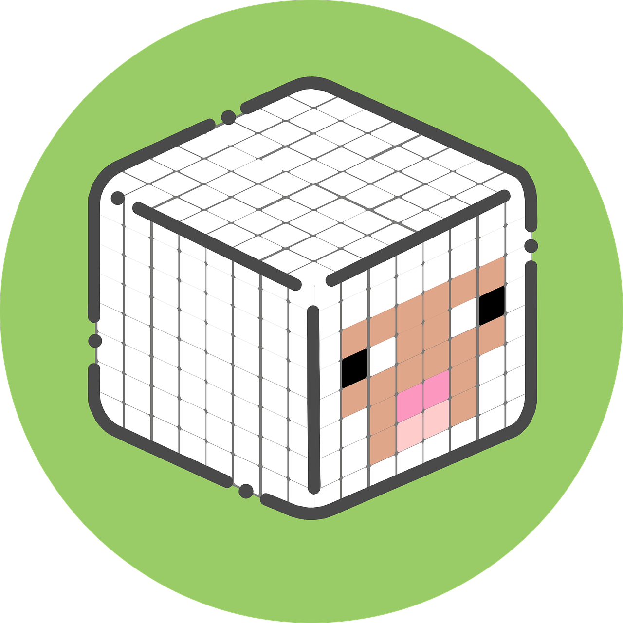 a picture of a cube with a face on it, pixel art, grid and web, all enclosed in a circle, style of minecraft, cage