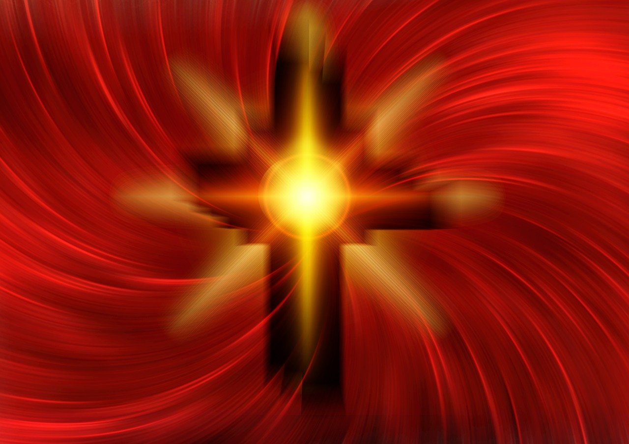 a close up of a cross on a red background, a digital rendering, by Eugeniusz Zak, digital art, sun exploding on the background, swirl, yellow background beam, high res photo