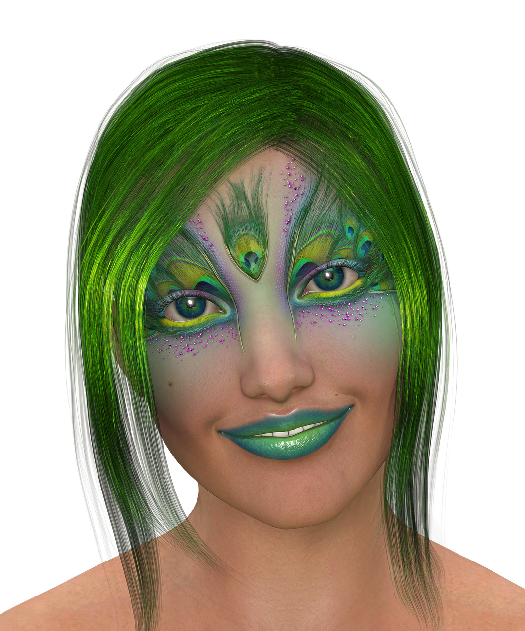 a close up of a person with green hair, a digital rendering, inspired by Alison Kinnaird, fantasy art, peacock, perfect face model, upscaled to high resolution, joyful look