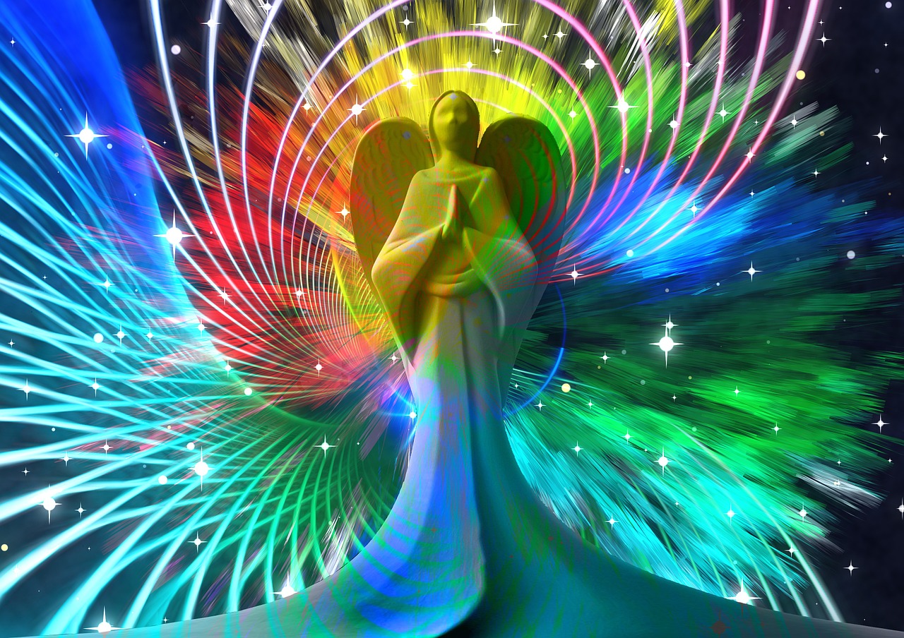 a woman that is standing in front of a firework, digital art, by Jon Coffelt, psychedelic art, of beautiful angel, rainbow diffraction, three-dimensional image, spirit hugs