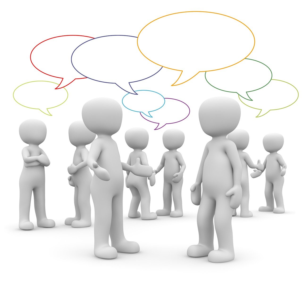 a group of people with speech bubbles above them, by David Burton-Richardson, shutterstock, conceptual art, white background”, _3d-terms_, computer generated, talking