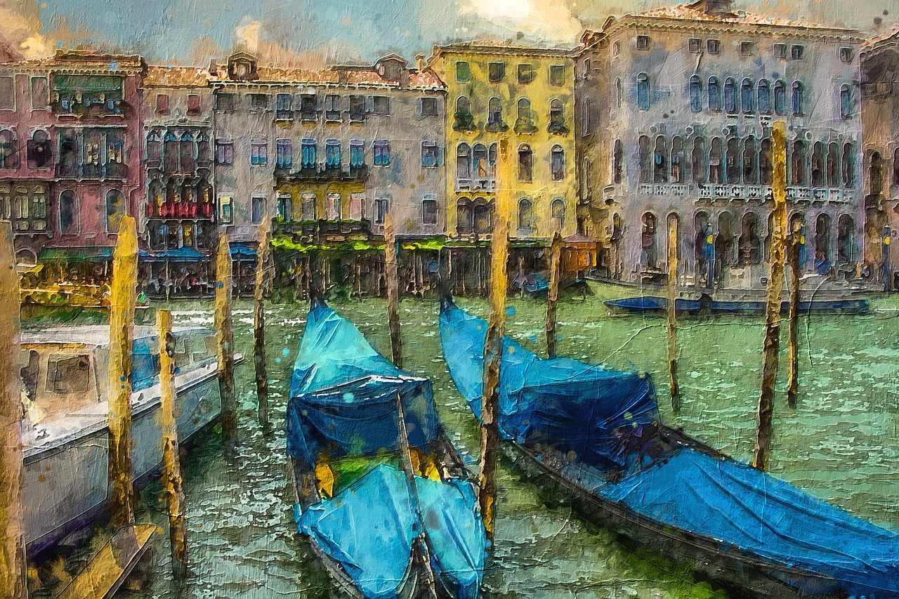 a painting of some boats in a body of water, a digital painting, inspired by Francesco Guardi, fine art, tonemapped, gondolas, details and vivid colors, #1 digital painting of all time