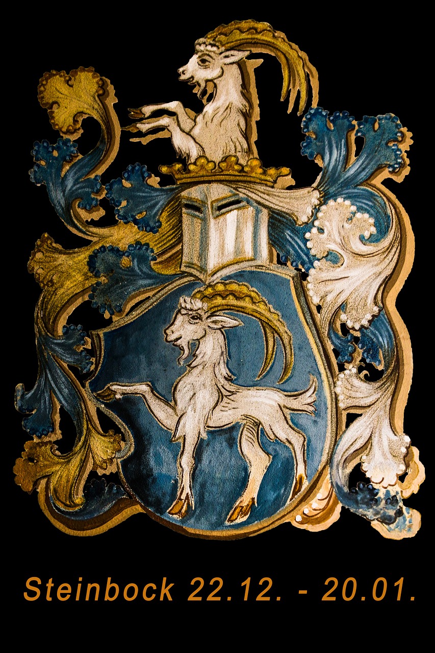 a coat of arms with a goat on it, a detailed painting, inspired by Paul Howard Manship, shutterstock, blue unicorn, gilding, photo”, rudolf belarski