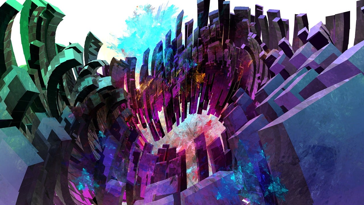 a computer generated image of a futuristic city, abstract illusionism, digital painting of quetzalcoatl, purple shattered paint, dimensional portal, 4 k hd wallpaper illustration